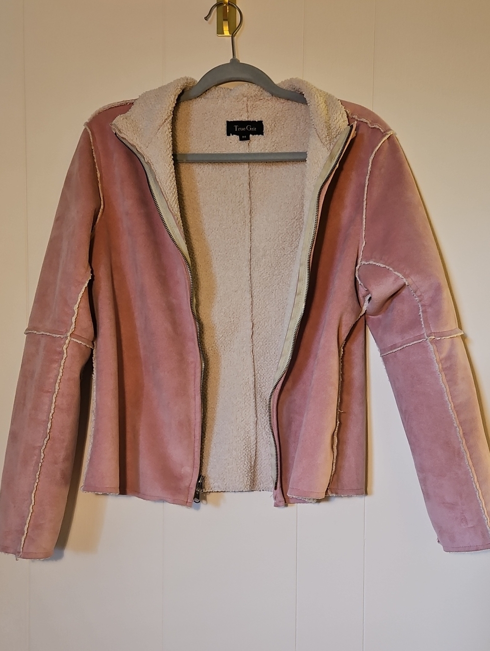 True Grit Dusty Pink Sherpa-Lined Faux Suede Zip Jacket